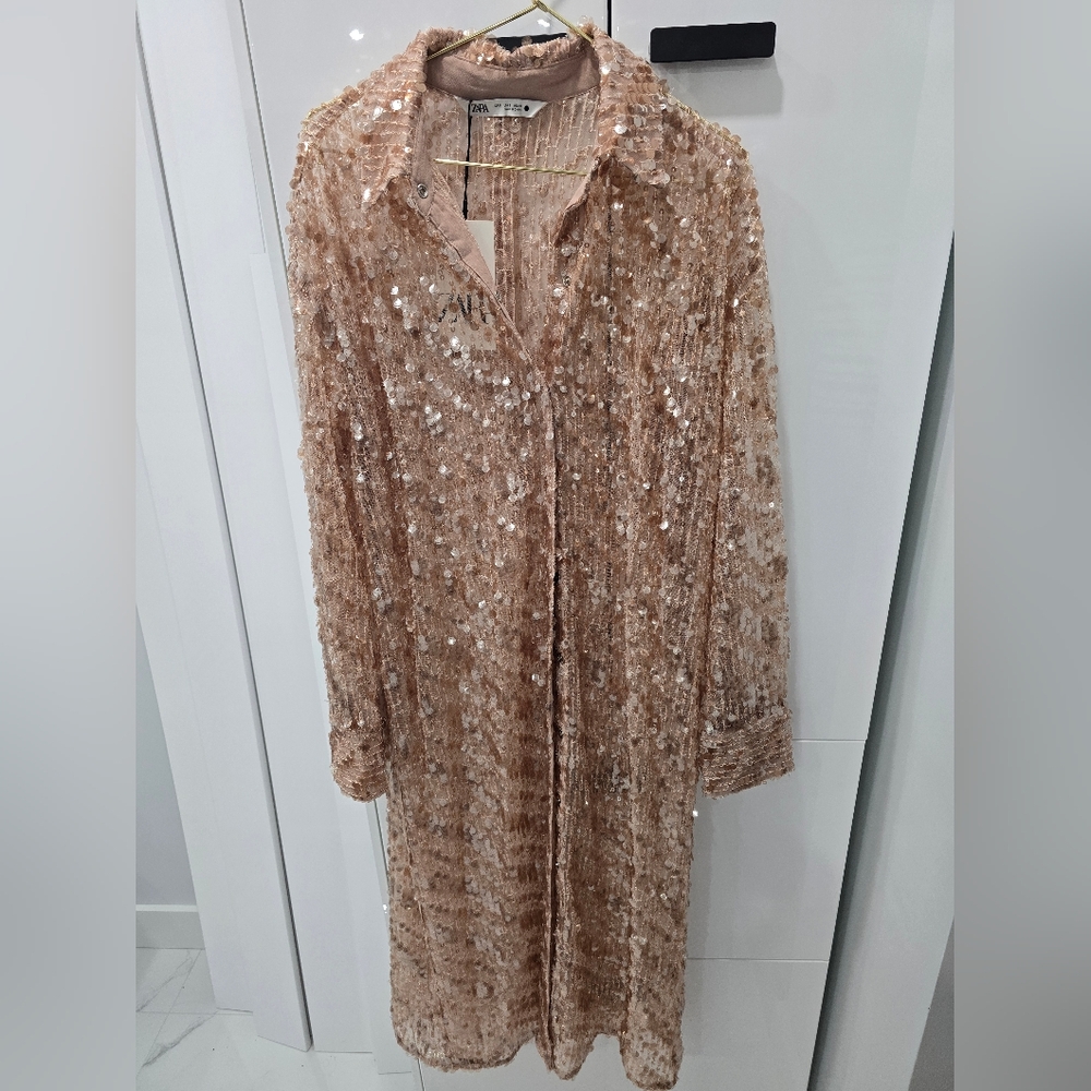 Sequin Long Sleeve Coat-Dress Size S Oversized Layer